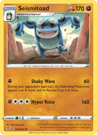 Seismitoad 090/203, Evolving Skies, illustrated by Pani Kobayashi