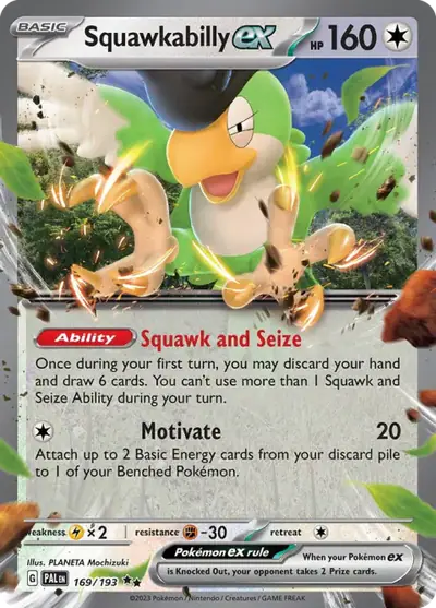 Squawkabilly ex 169/193, Paldea Evolved, illustrated by PLANETA Mochizuki